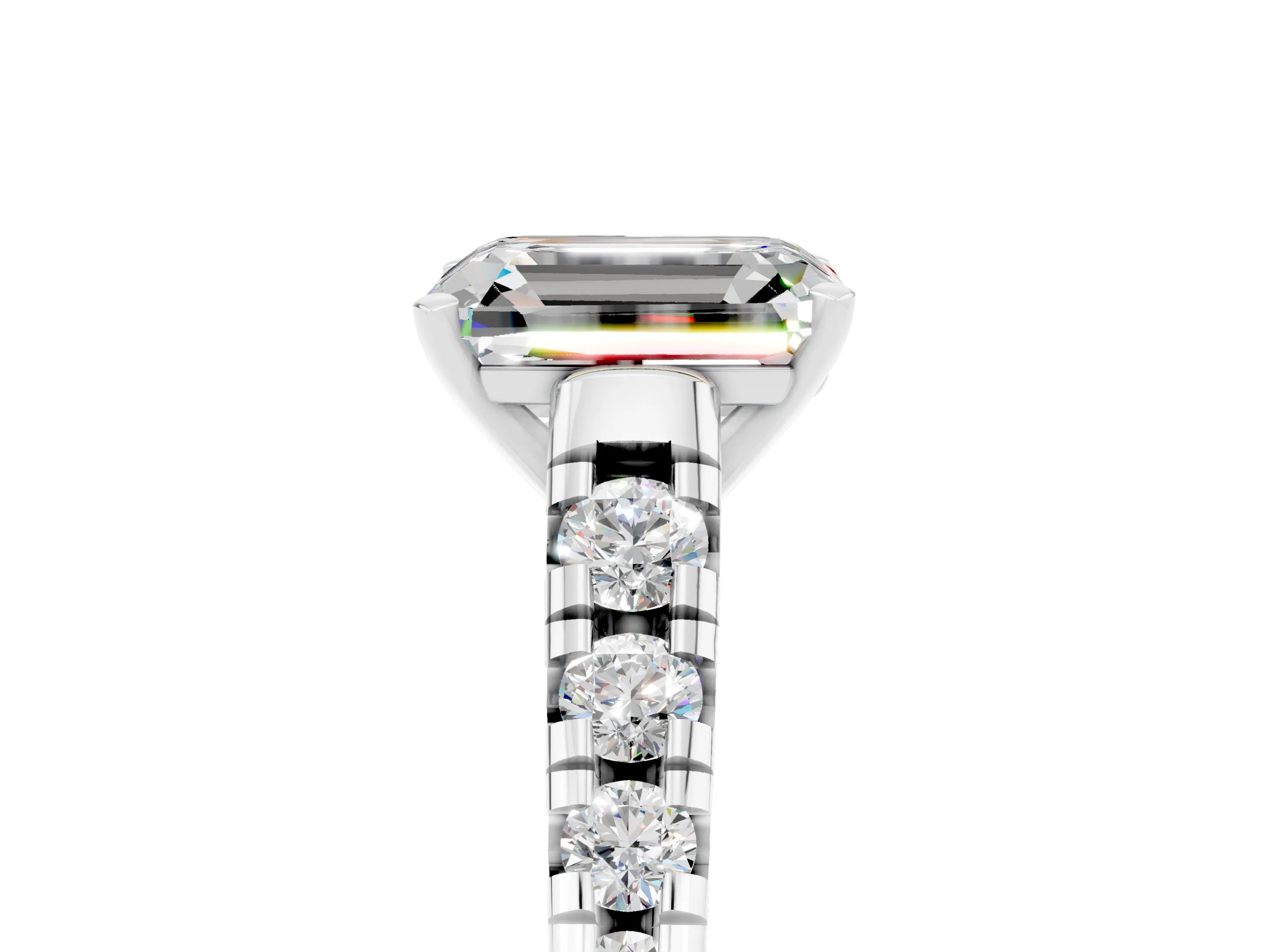White gold Fancy White Emerald Cut Moissanite Solitaire Ring with Cathedral Setting and Pavé Band_5