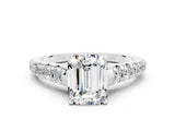 White gold Fancy White Emerald Cut Moissanite Solitaire Ring with Cathedral Setting and Pavé Band