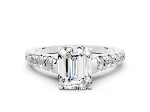 White gold Fancy White Emerald Cut Moissanite Solitaire Ring with Cathedral Setting and Pavé Band