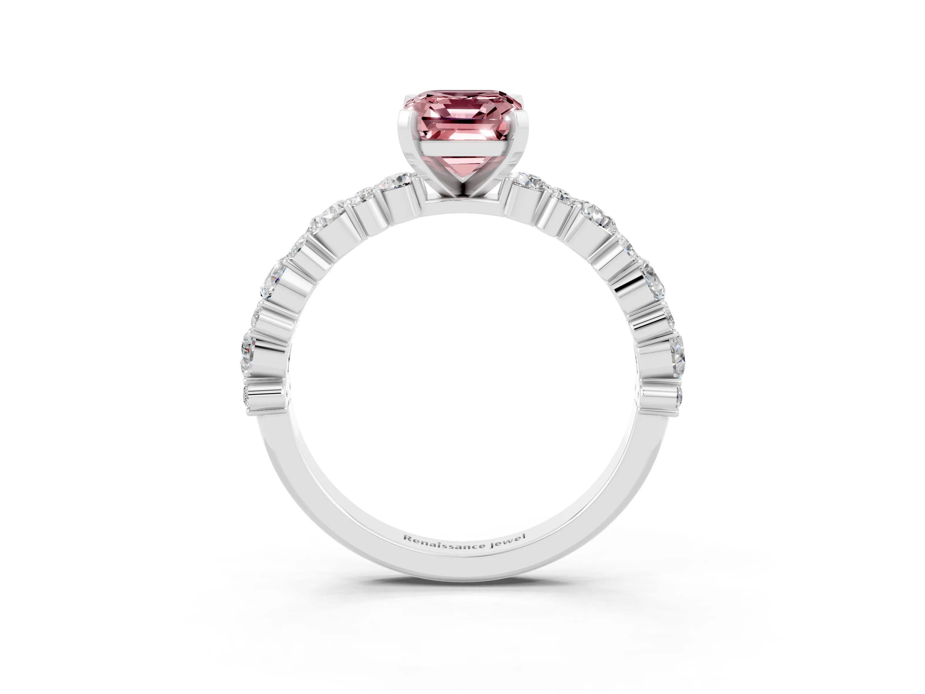 White gold Fancy White Emerald Cut Morganite Solitaire with Side Stones, Pave Band, Four-Prong Setting_3