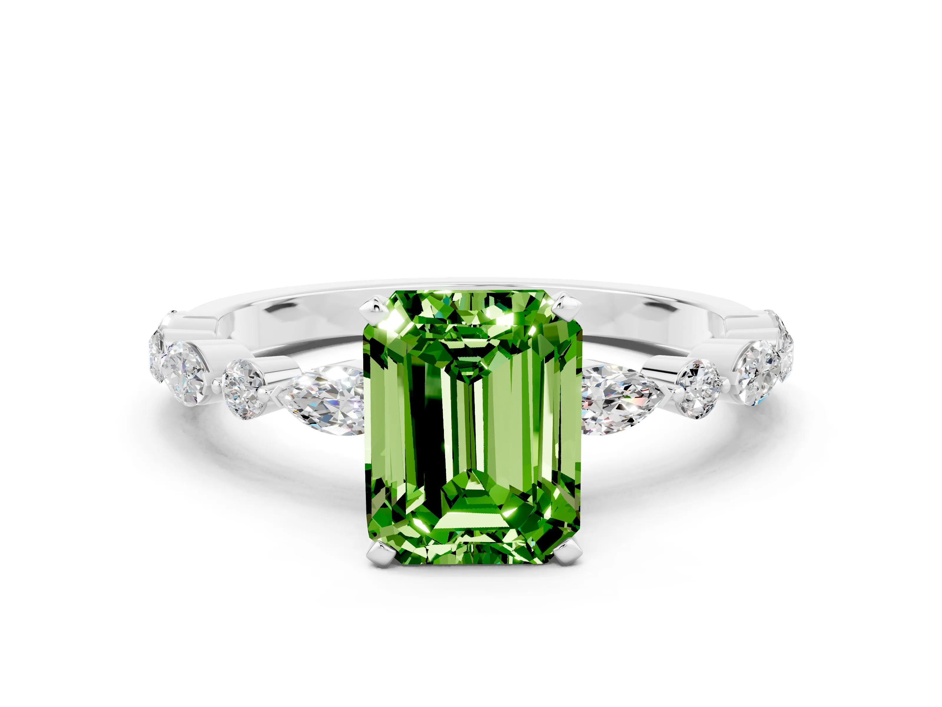 White gold Fancy White Emerald Cut Peridot Solitaire with Side Stones on a Pavé Band and Four-Prong Setting