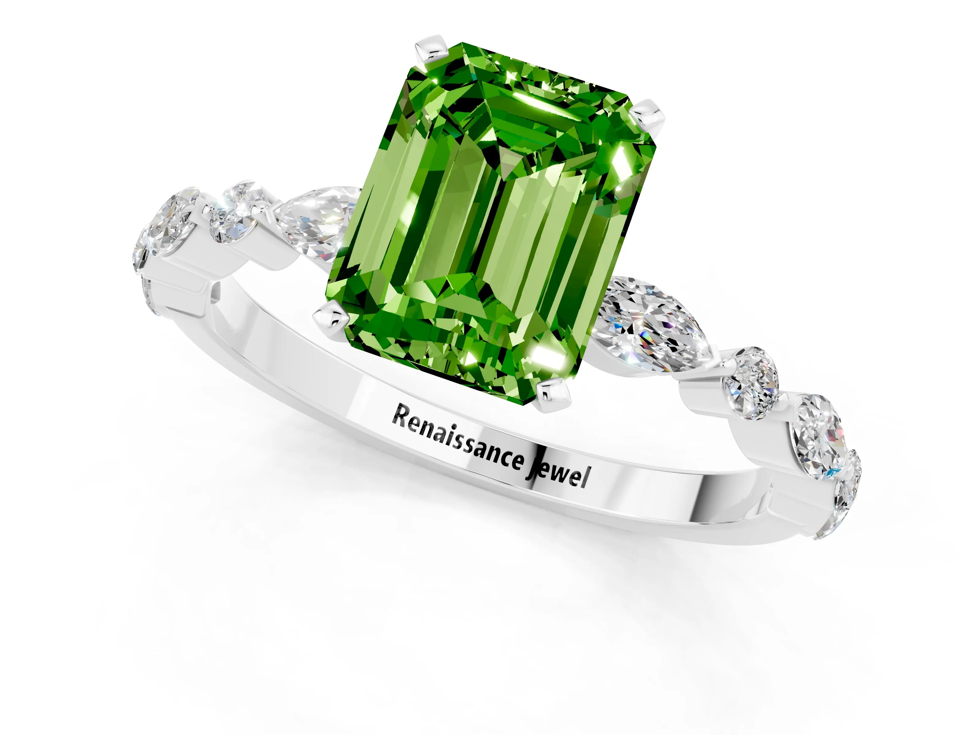 White gold Fancy White Emerald Cut Peridot Solitaire with Side Stones on a Pavé Band and Four-Prong Setting_1