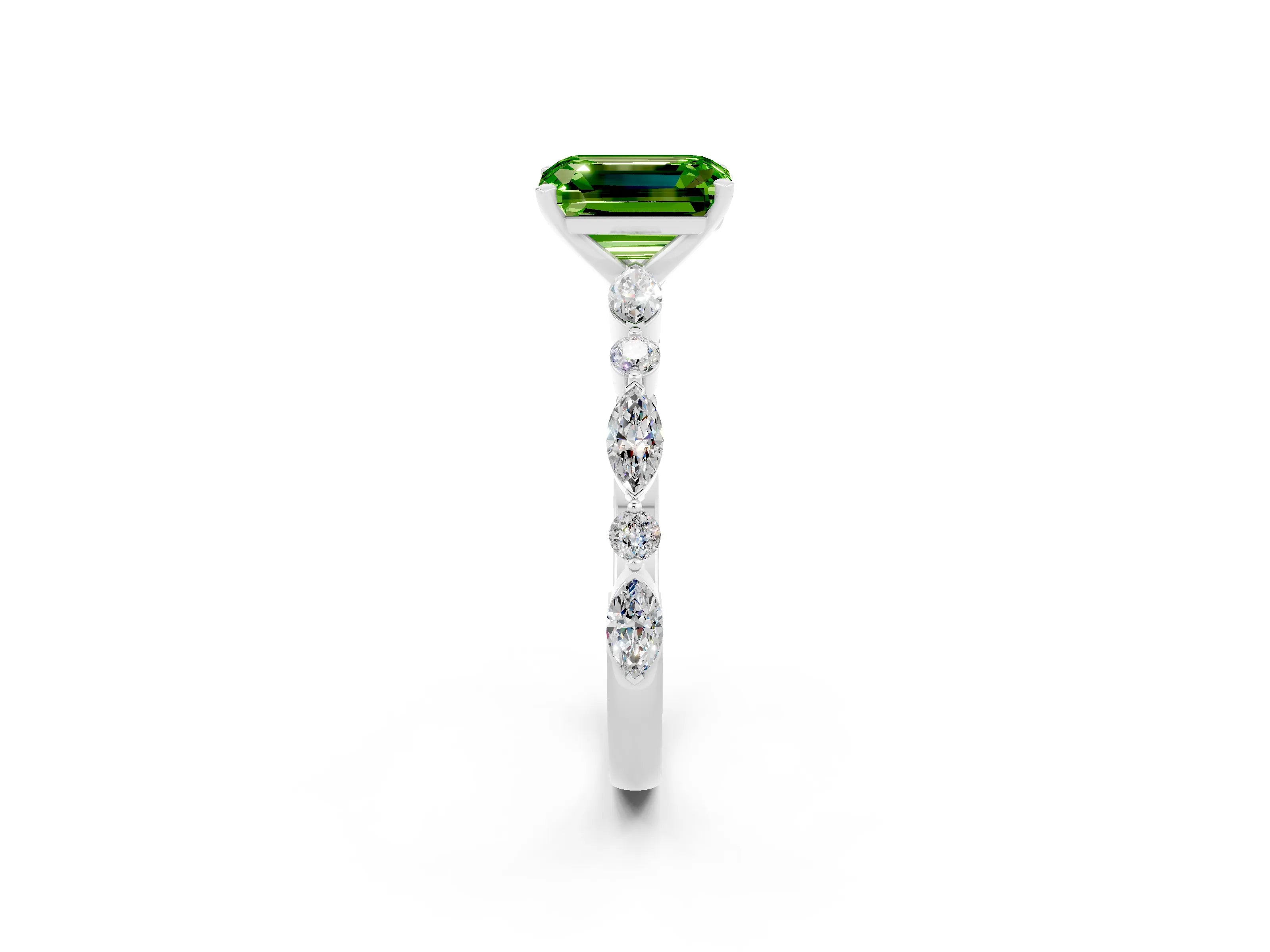 White gold Fancy White Emerald Cut Peridot Solitaire with Side Stones on a Pavé Band and Four-Prong Setting_2