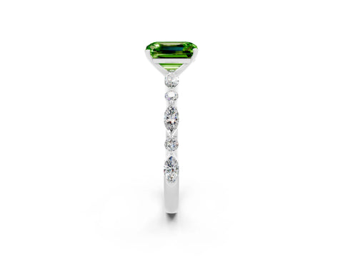 White gold Fancy White Emerald Cut Peridot Solitaire with Side Stones on a Pavé Band and Four-Prong Setting_2