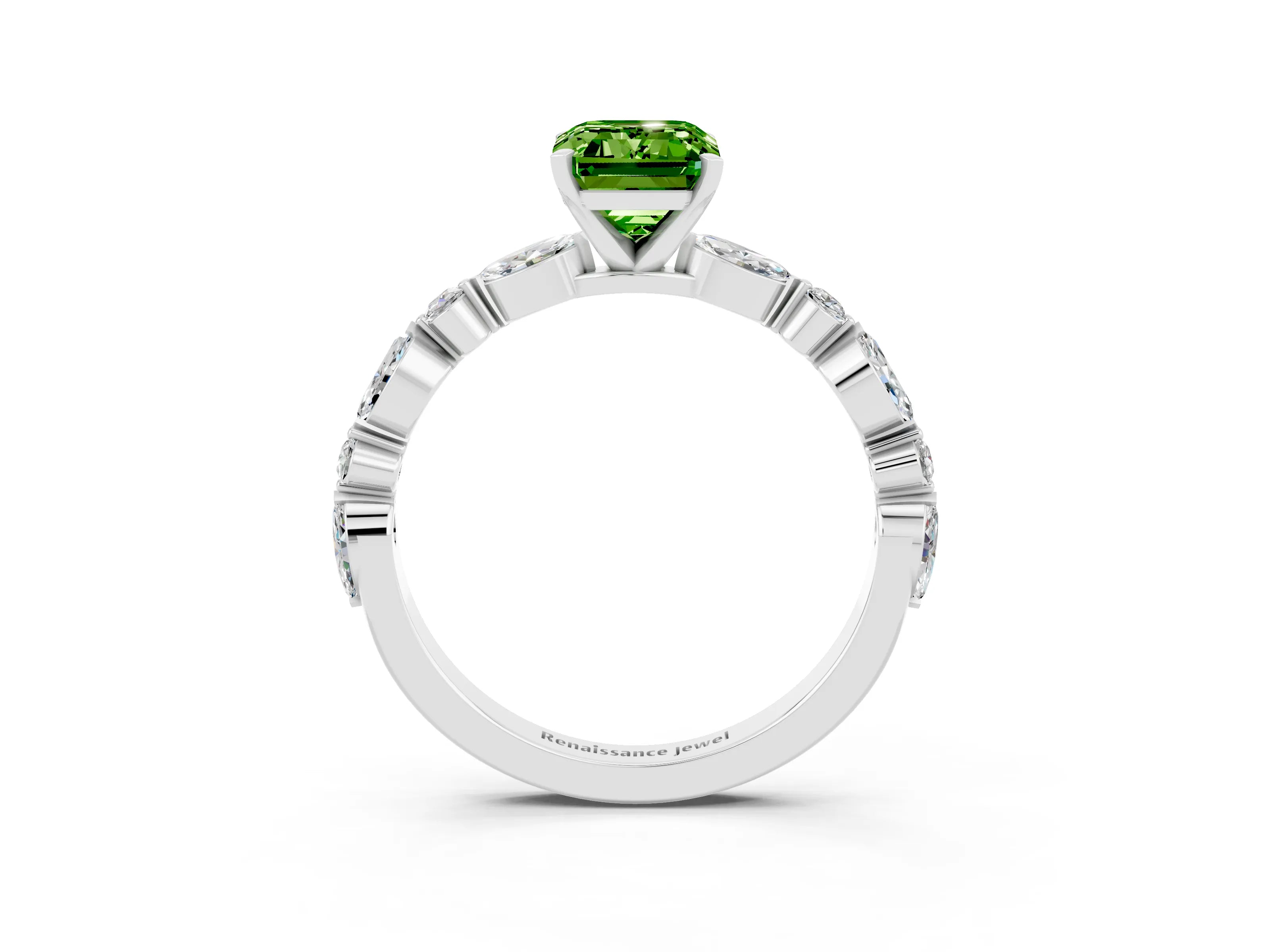 White gold Fancy White Emerald Cut Peridot Solitaire with Side Stones on a Pavé Band and Four-Prong Setting_3