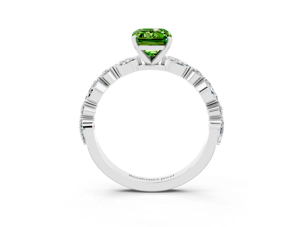 White gold Emerald Cut Peridot Ring with Marquise and Round  Side Stones and Four-Prong Setting