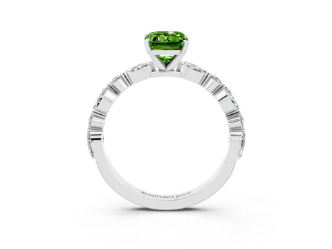 White gold Fancy White Emerald Cut Peridot Solitaire with Side Stones on a Pavé Band and Four-Prong Setting_3