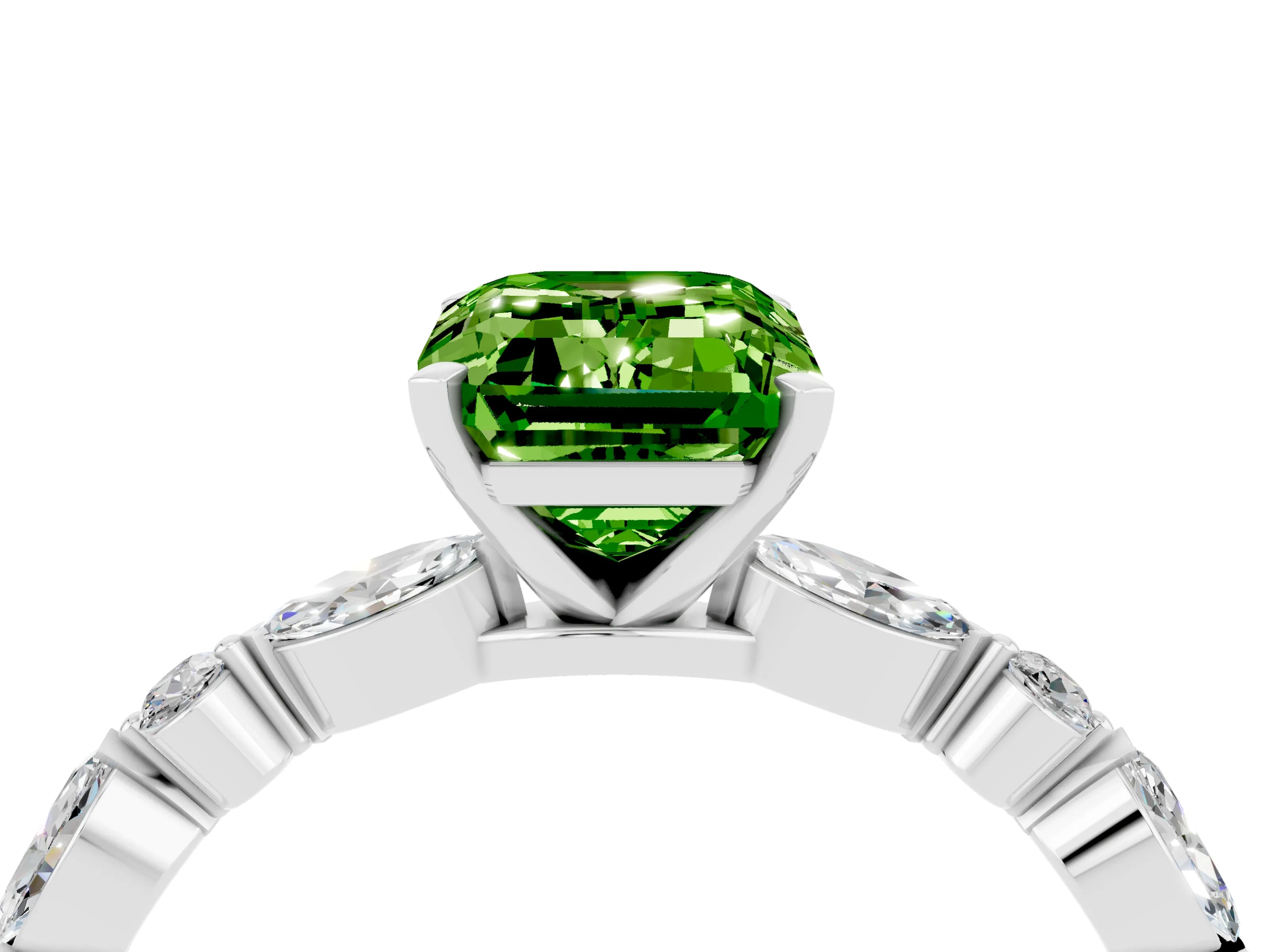 White gold Fancy White Emerald Cut Peridot Solitaire with Side Stones on a Pavé Band and Four-Prong Setting_4