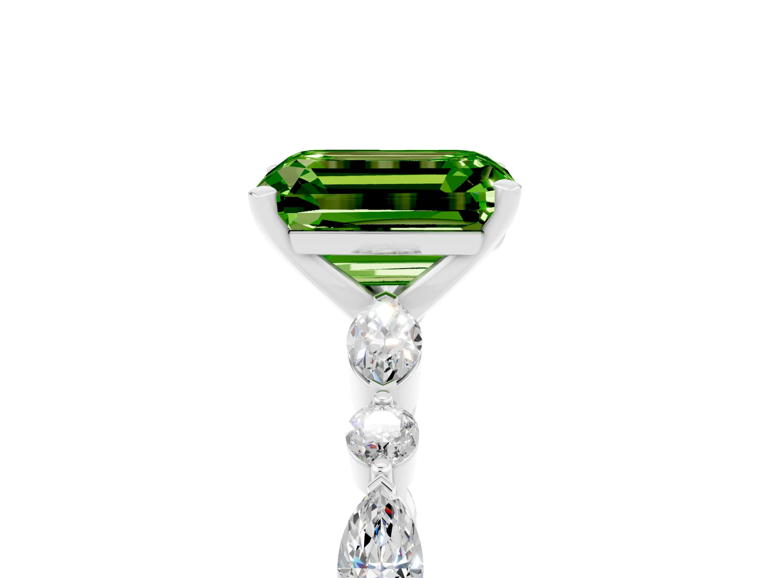 White gold Fancy White Emerald Cut Peridot Solitaire with Side Stones on a Pavé Band and Four-Prong Setting_5
