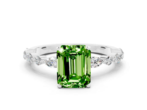 White gold Fancy White Emerald Cut Peridot Solitaire with Side Stones on a Pavé Band and Four-Prong Setting