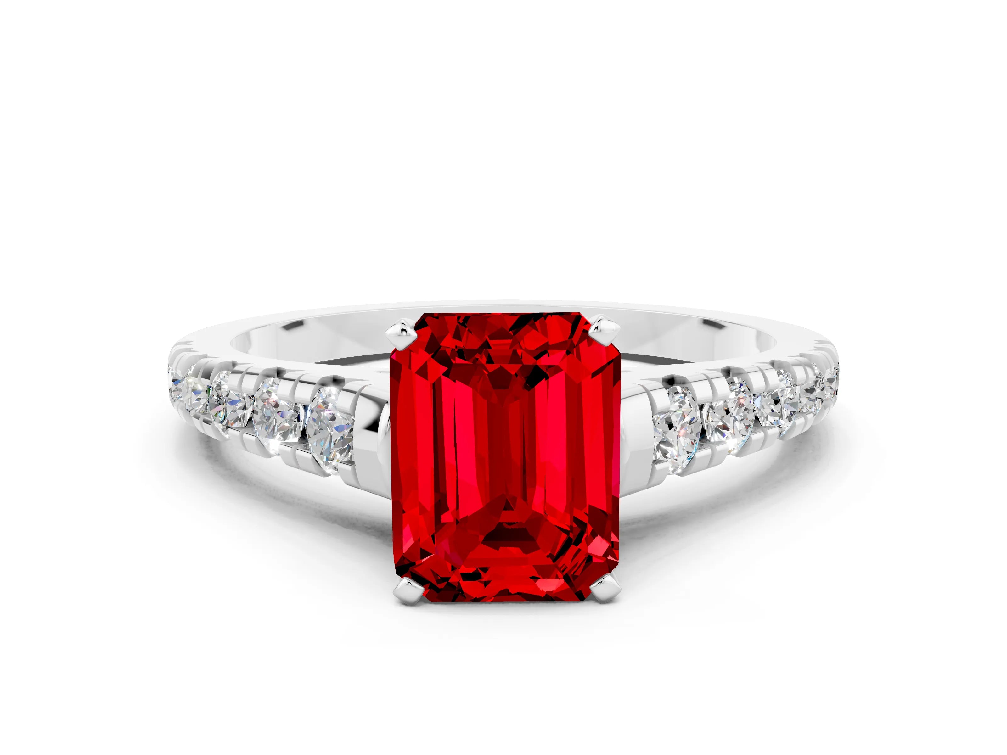 White gold Fancy White Emerald Cut Ruby Solitaire Ring with Cathedral Setting and Pavé Band