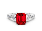 White gold Fancy White Emerald Cut Ruby Solitaire Ring with Cathedral Setting and Pavé Band