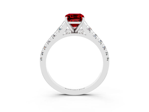Silver Emerald Cut Ruby Cathedral Solitaire Ring with Round  Pavé Band