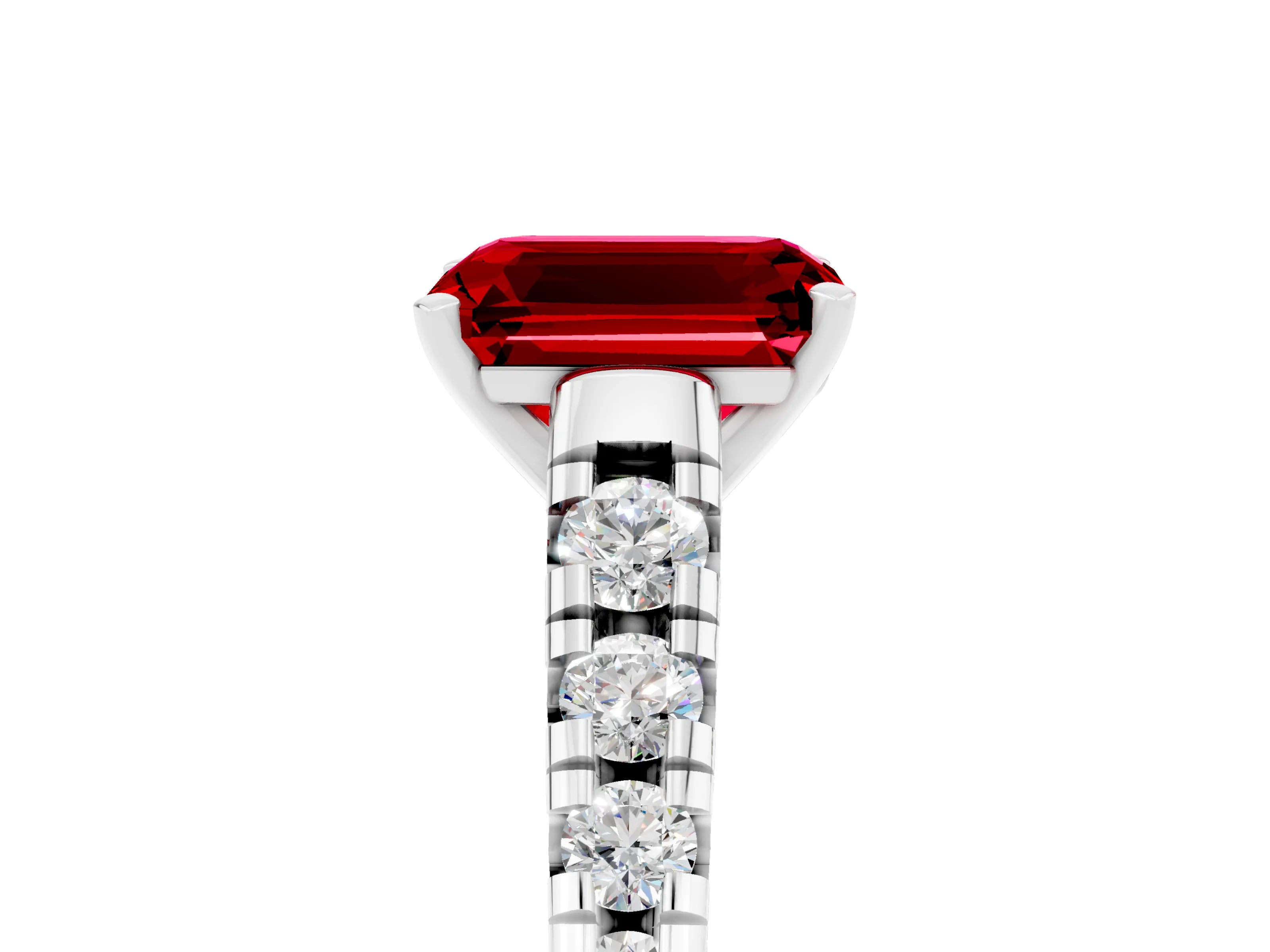 White gold Fancy White Emerald Cut Ruby Solitaire Ring with Cathedral Setting and Pavé Band_5