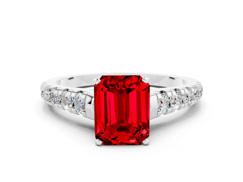 White gold Fancy White Emerald Cut Ruby Solitaire Ring with Cathedral Setting and Pavé Band
