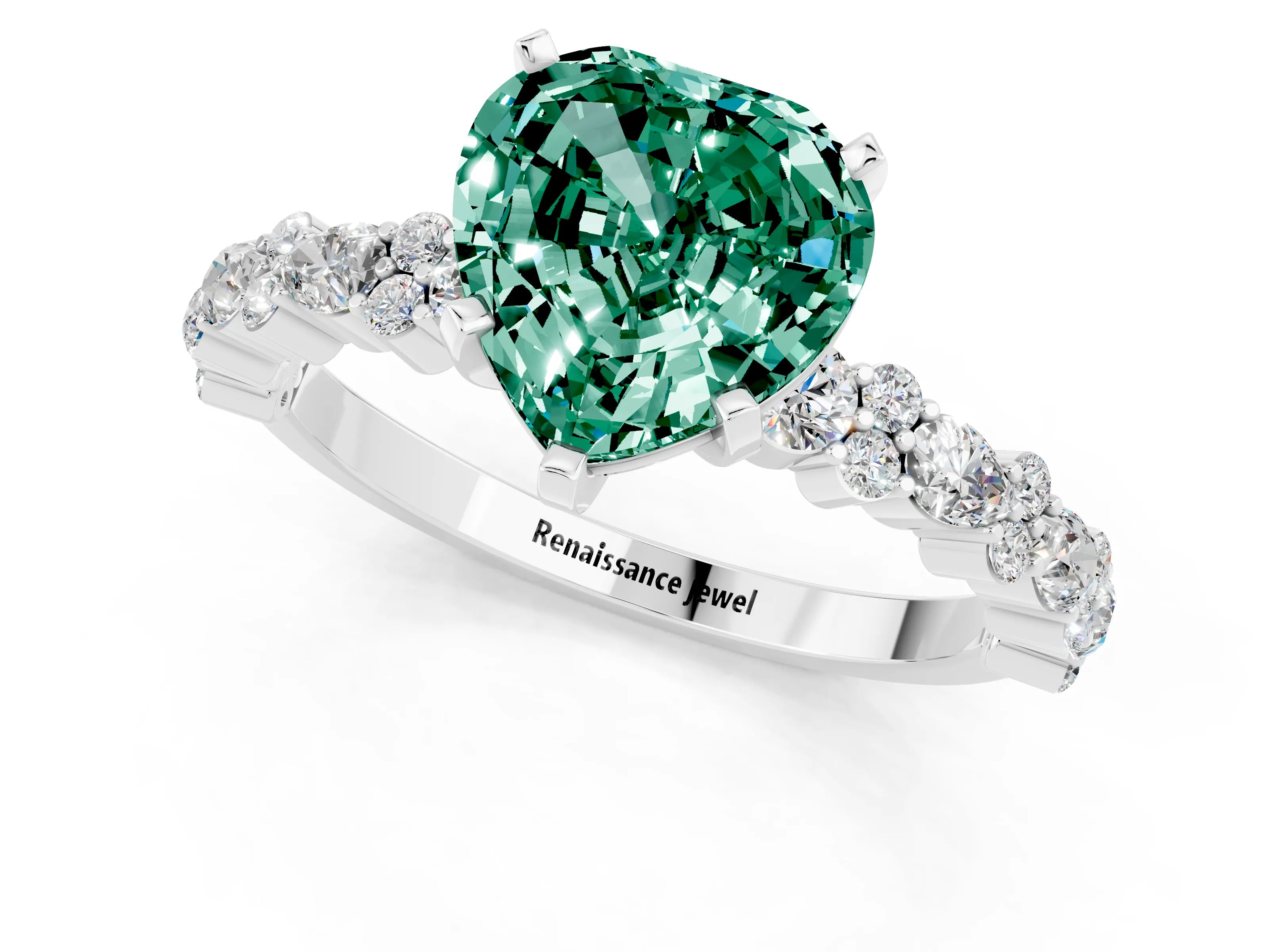 White gold Fancy White Heart Cut Green Sapphire Solitaire with Side Stones, Pave Band, Four-Prong Setting_1