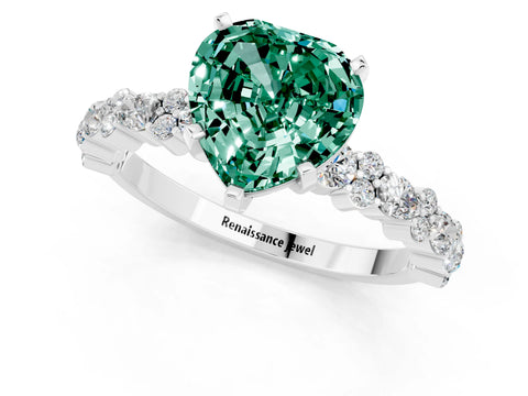 White gold Fancy White Heart Cut Green Sapphire Solitaire with Side Stones, Pave Band, Four-Prong Setting_1