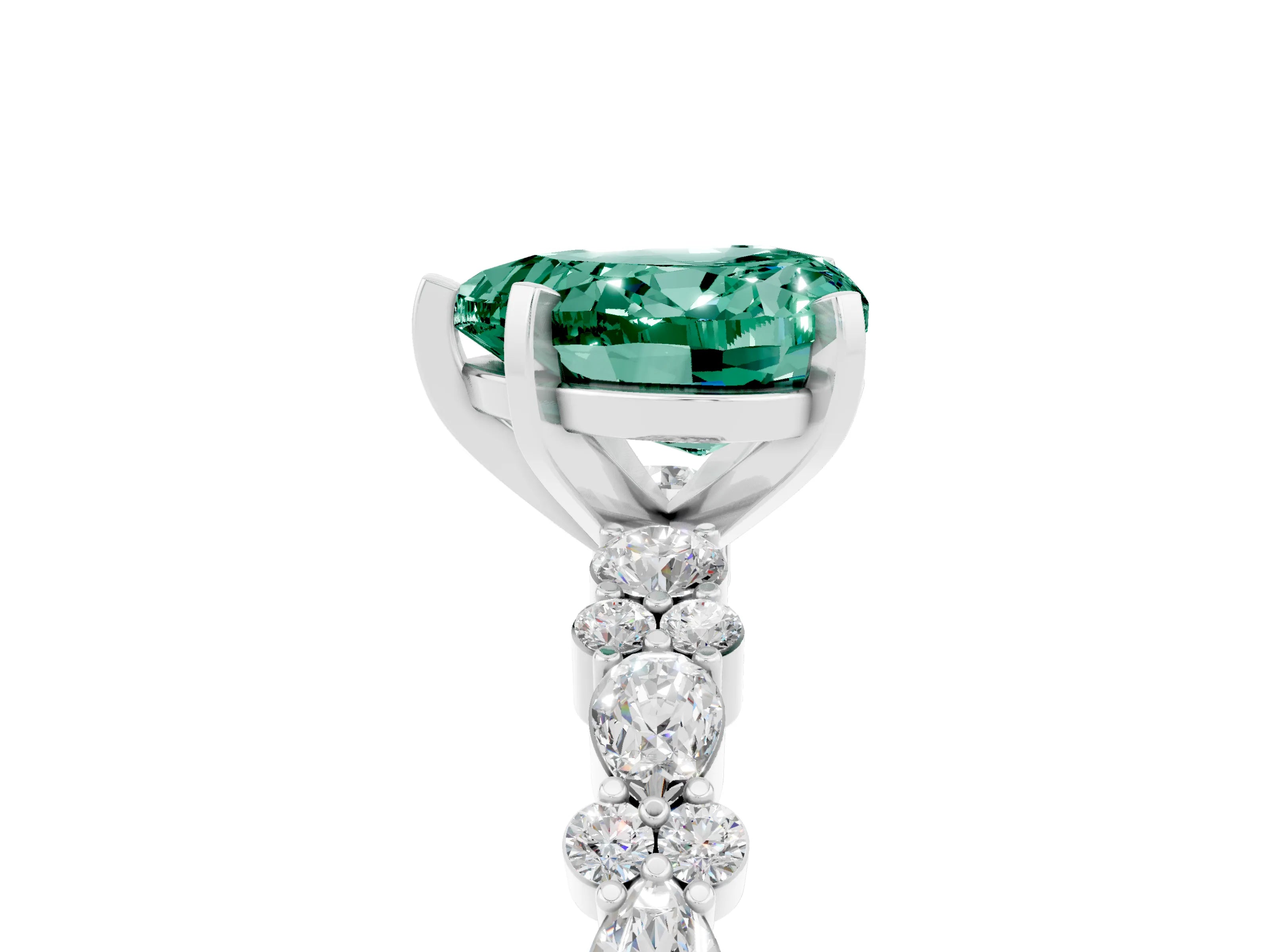 White gold Fancy White Heart Cut Green Sapphire Solitaire with Side Stones, Pave Band, Four-Prong Setting_5
