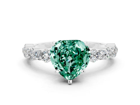 White gold Fancy White Heart Cut Green Sapphire Solitaire with Side Stones, Pave Band, Four-Prong Setting
