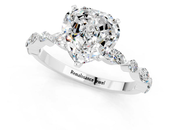 Platinum Heart Cut Moissanite Ring with Marquise and Round  Side Stones and Four-Prong Setting