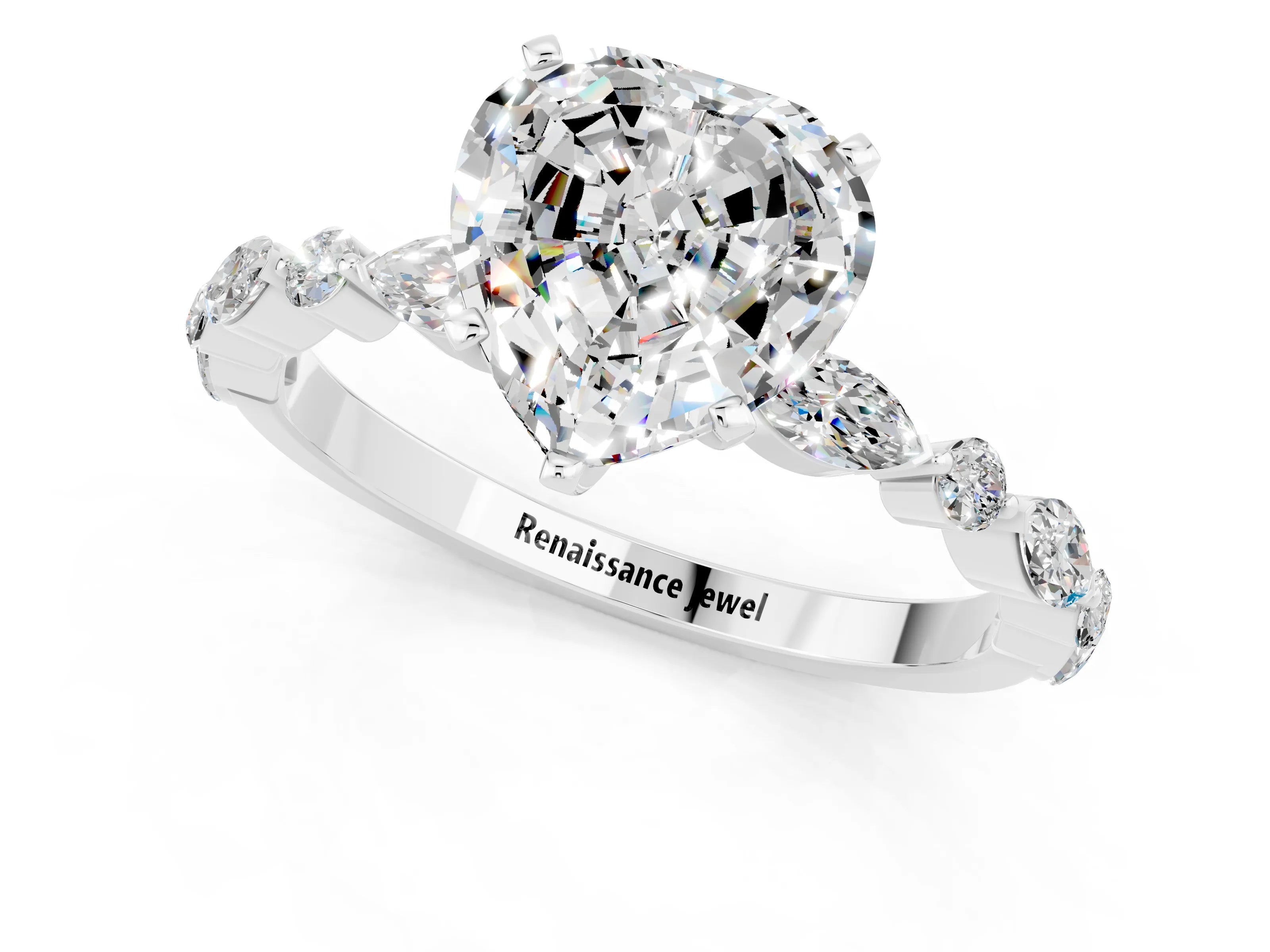 White gold Fancy White Heart Cut Moissanite Solitaire with Side Stones on a Pavé Band and Four-Prong Setting_1