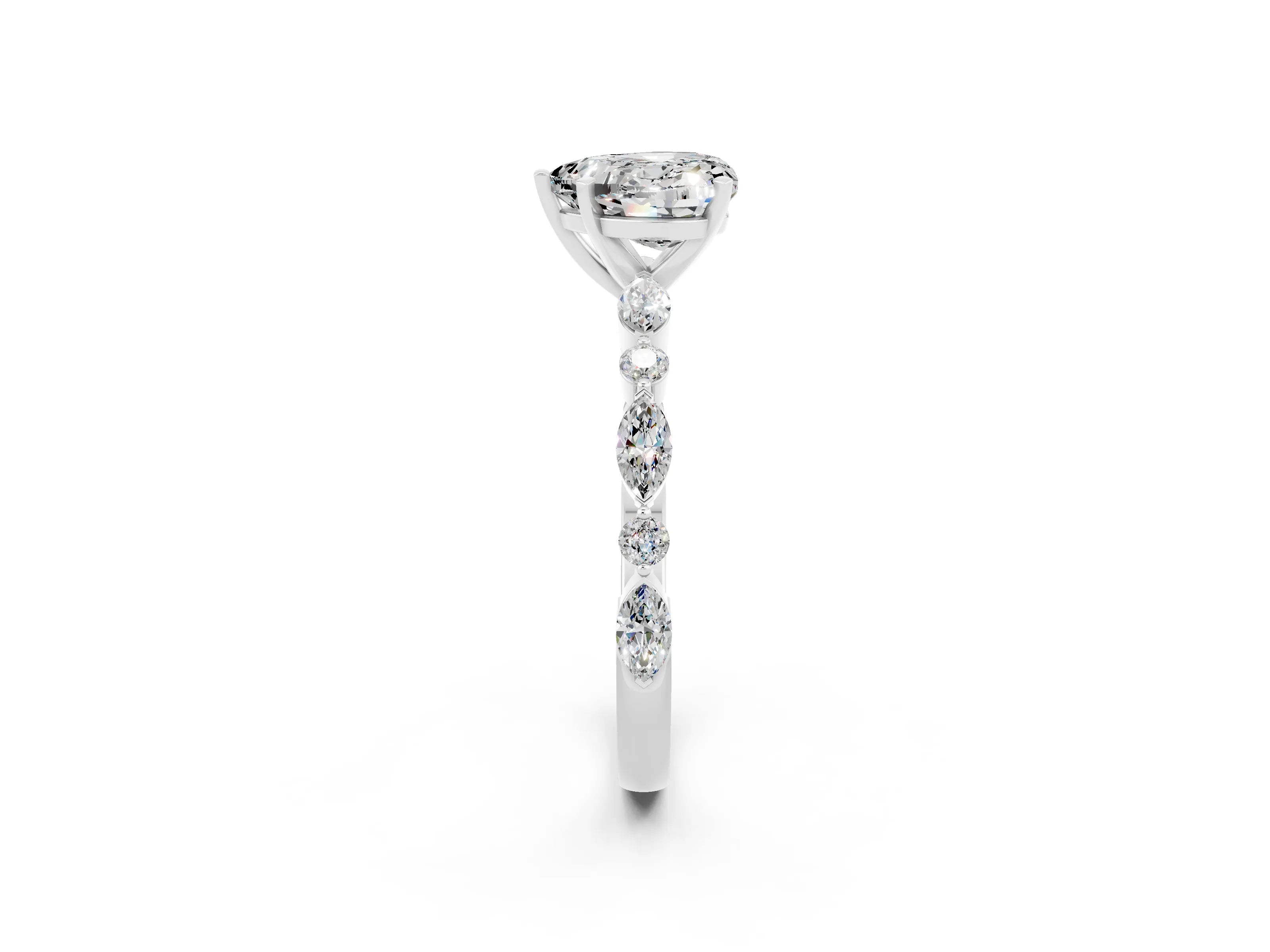 White gold Fancy White Heart Cut Moissanite Solitaire with Side Stones on a Pavé Band and Four-Prong Setting_2