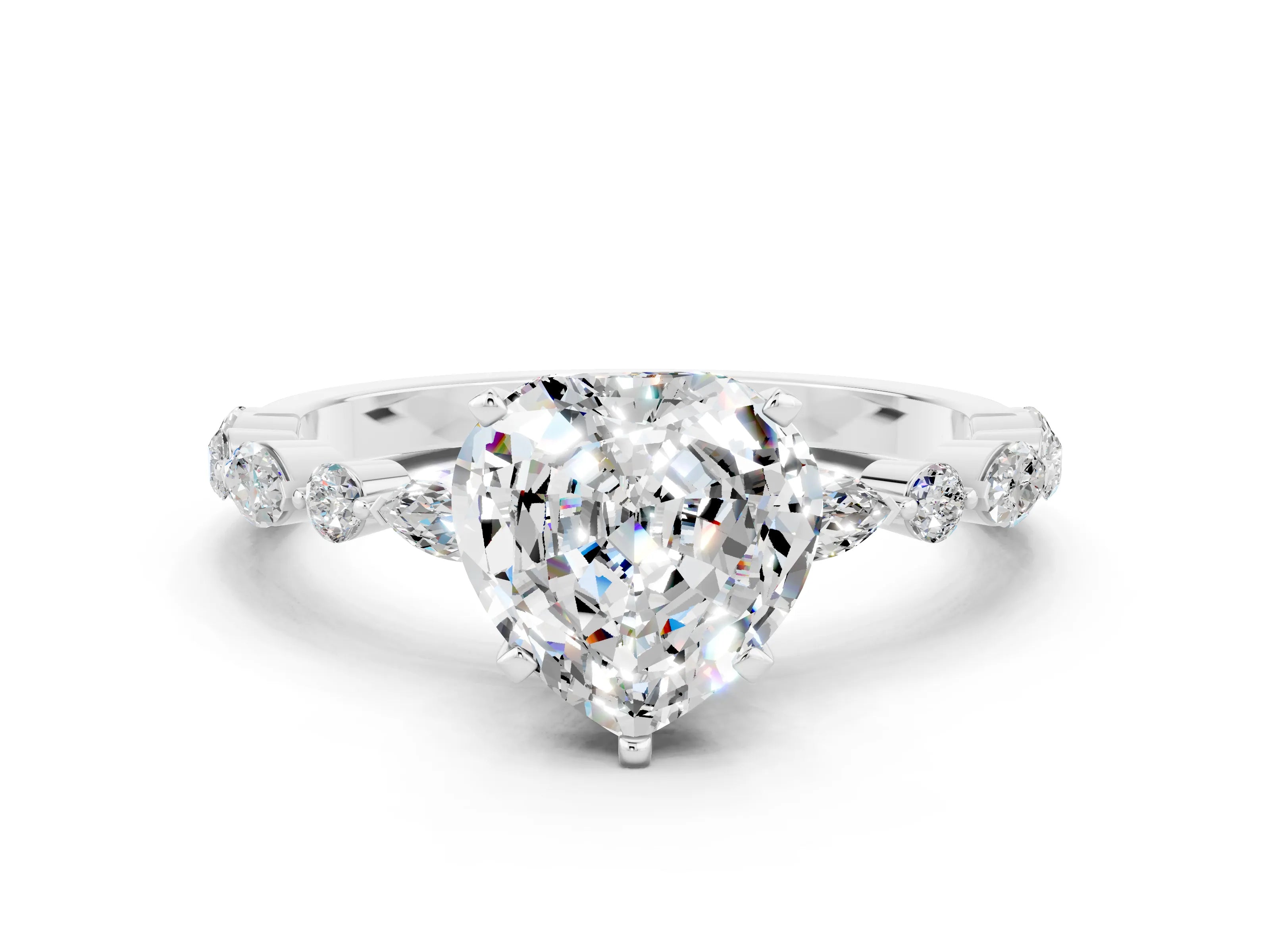 White gold Fancy White Heart Cut Moissanite Solitaire with Side Stones on a Pavé Band and Four-Prong Setting