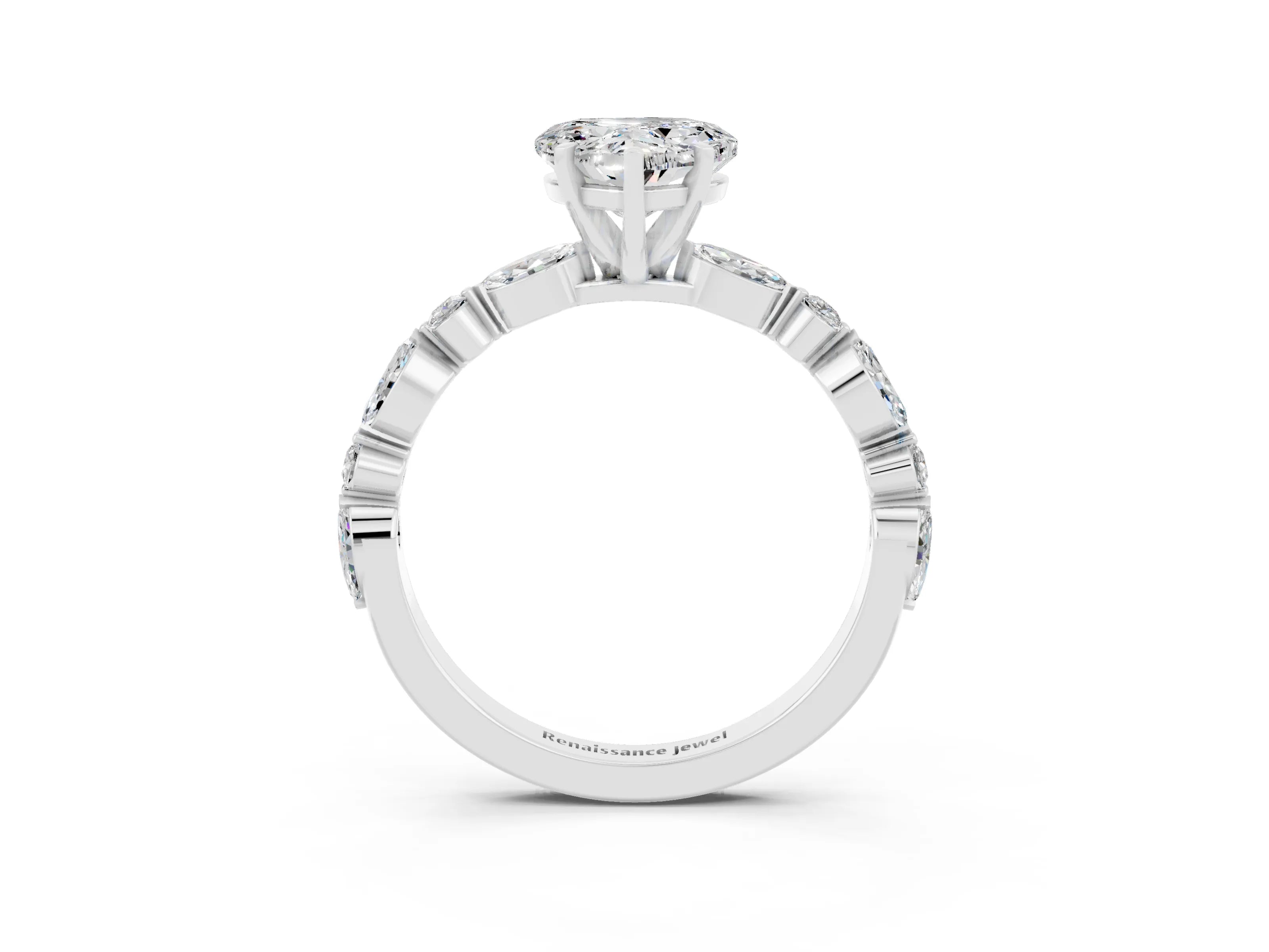White gold Fancy White Heart Cut Moissanite Solitaire with Side Stones on a Pavé Band and Four-Prong Setting_3
