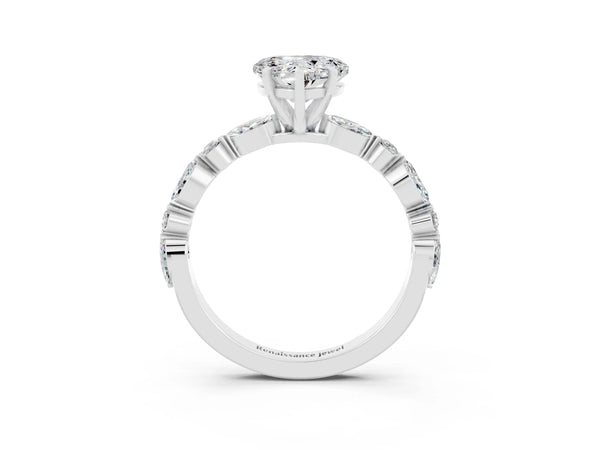 White gold Heart Cut Moissanite Ring with Marquise and Round  Side Stones and Four-Prong Setting