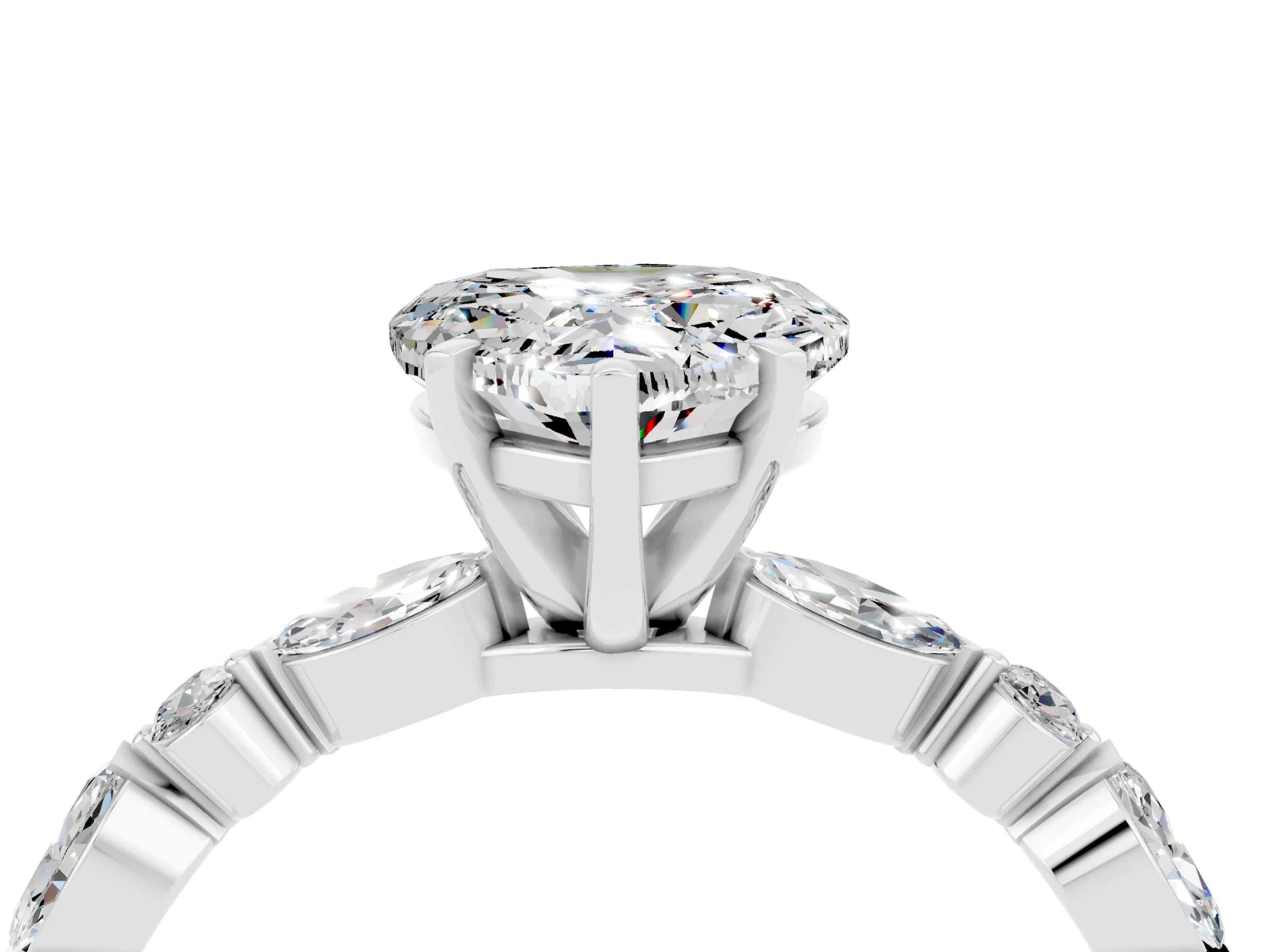 White gold Fancy White Heart Cut Moissanite Solitaire with Side Stones on a Pavé Band and Four-Prong Setting_4