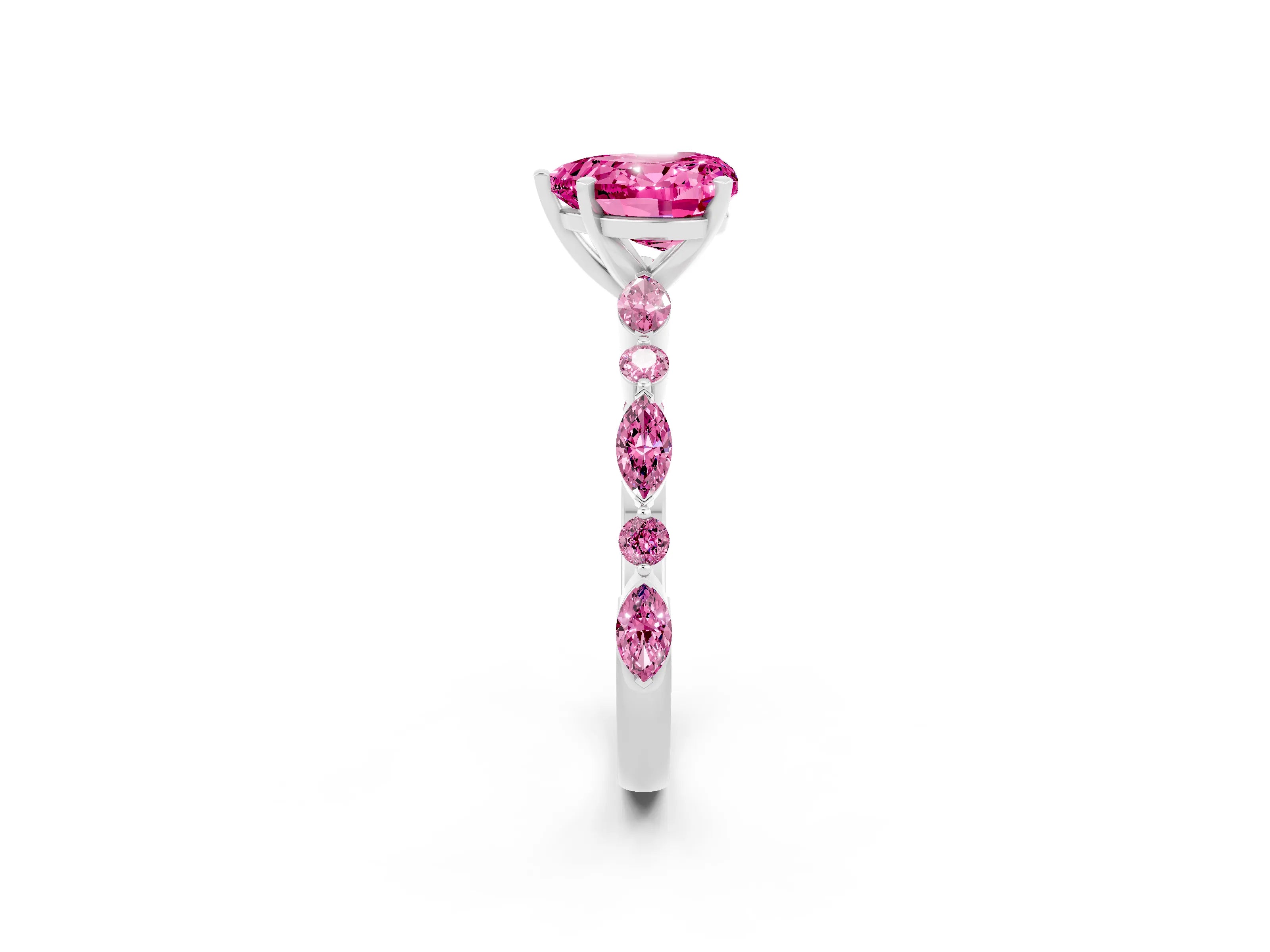 White gold Fancy White Heart Cut Pink Sapphire Solitaire with Side Stones on a Pavé Band and Four-Prong Setting_2