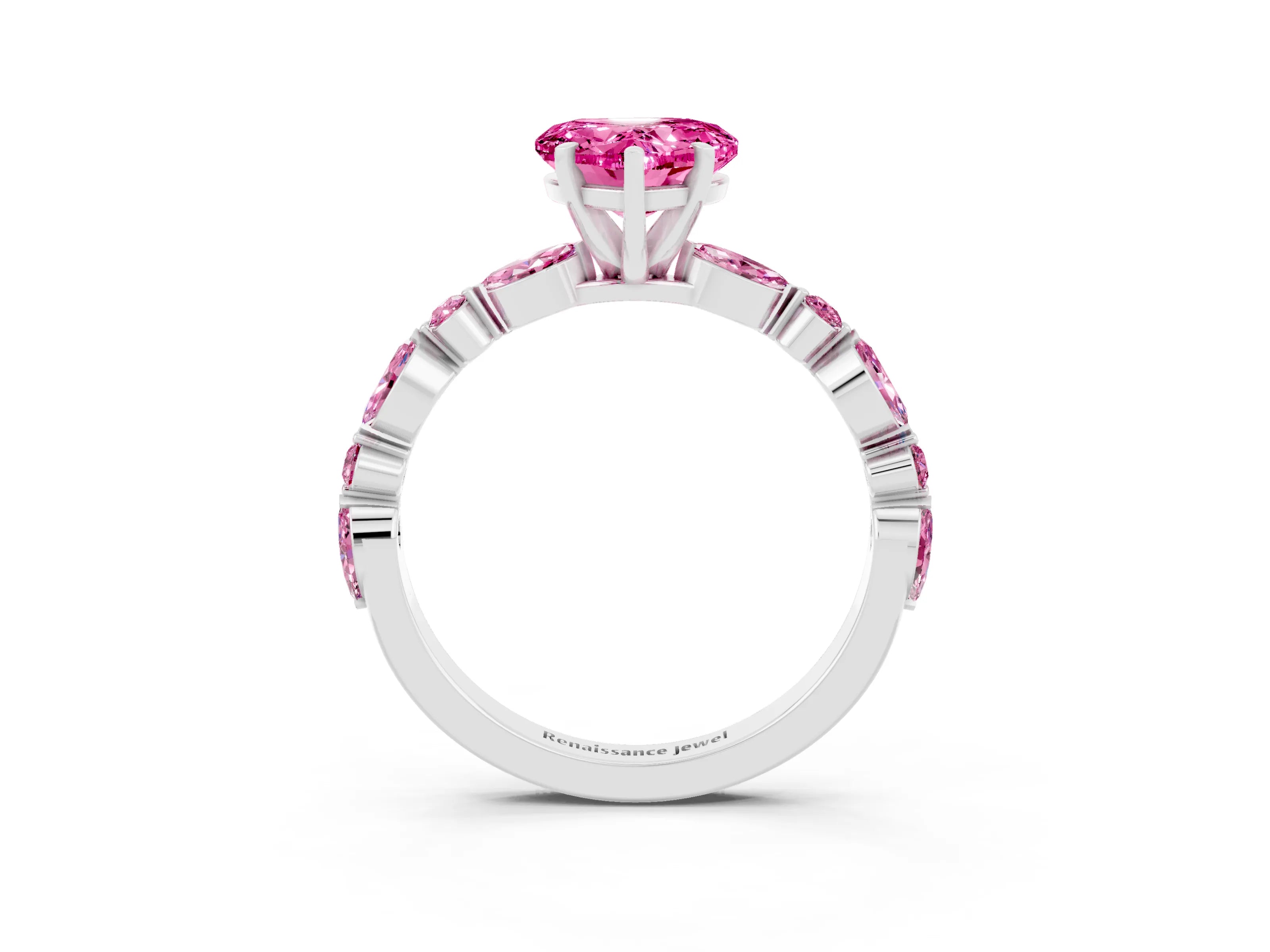 White gold Fancy White Heart Cut Pink Sapphire Solitaire with Side Stones on a Pavé Band and Four-Prong Setting_3
