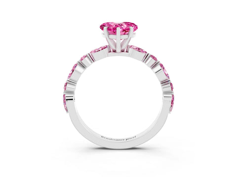 White gold Fancy White Heart Cut Pink Sapphire Solitaire with Side Stones on a Pavé Band and Four-Prong Setting_3