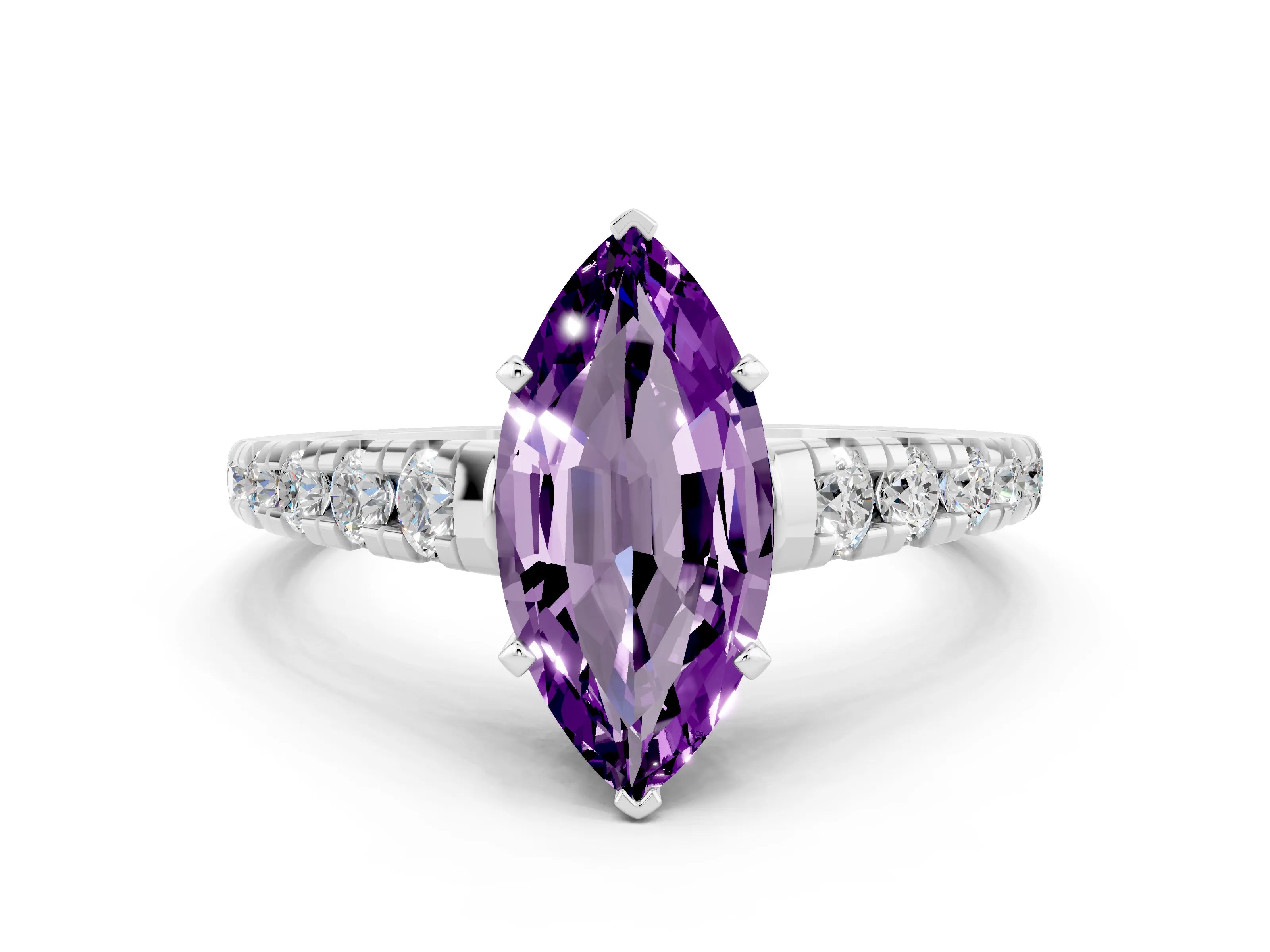 White gold Fancy White Marquise Cut Amethyst Solitaire Ring with Cathedral Setting and Pavé Band