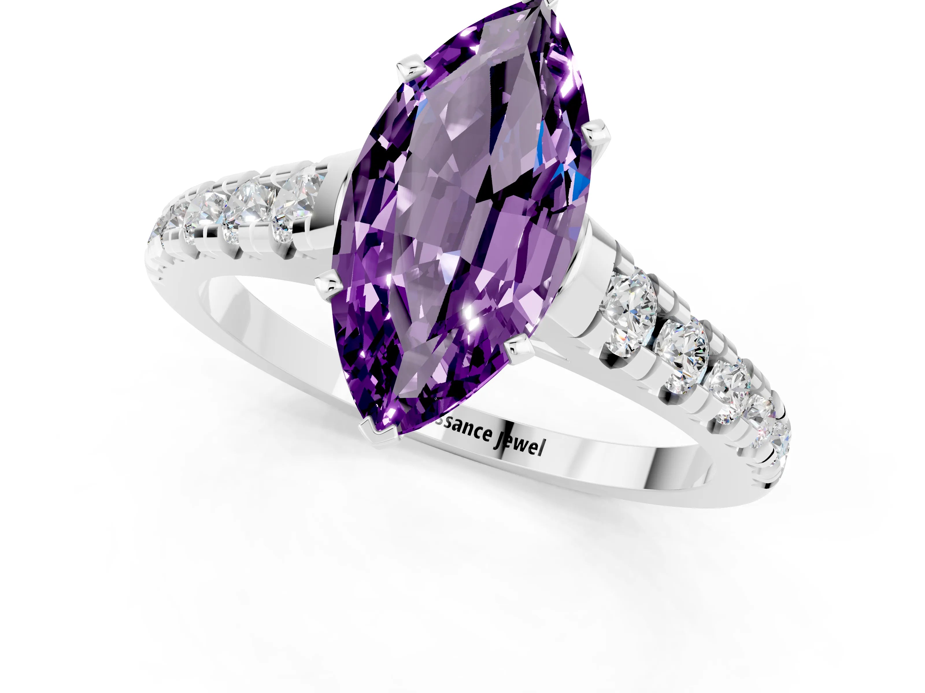 White gold Fancy White Marquise Cut Amethyst Solitaire Ring with Cathedral Setting and Pavé Band_1