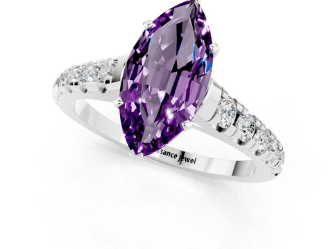 White gold Fancy White Marquise Cut Amethyst Solitaire Ring with Cathedral Setting and Pavé Band_1