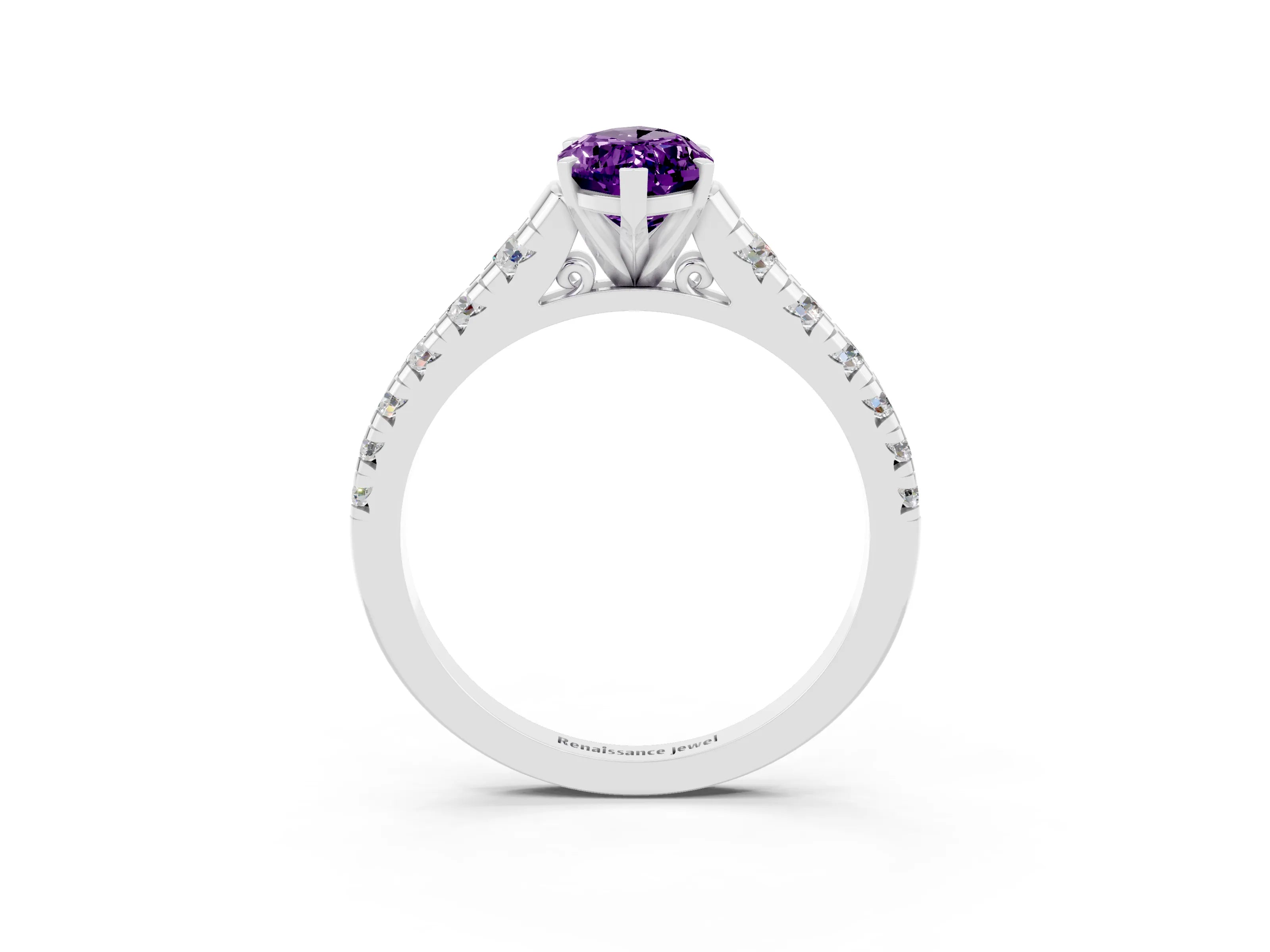 White gold Fancy White Marquise Cut Amethyst Solitaire Ring with Cathedral Setting and Pavé Band_3