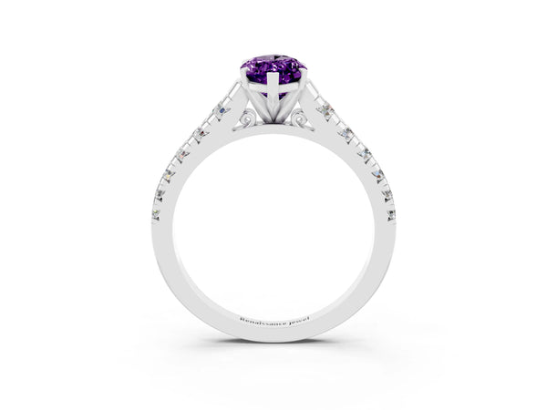 White gold Marquise Cut Amethyst Cathedral Solitaire Ring with Round  Pavé Band