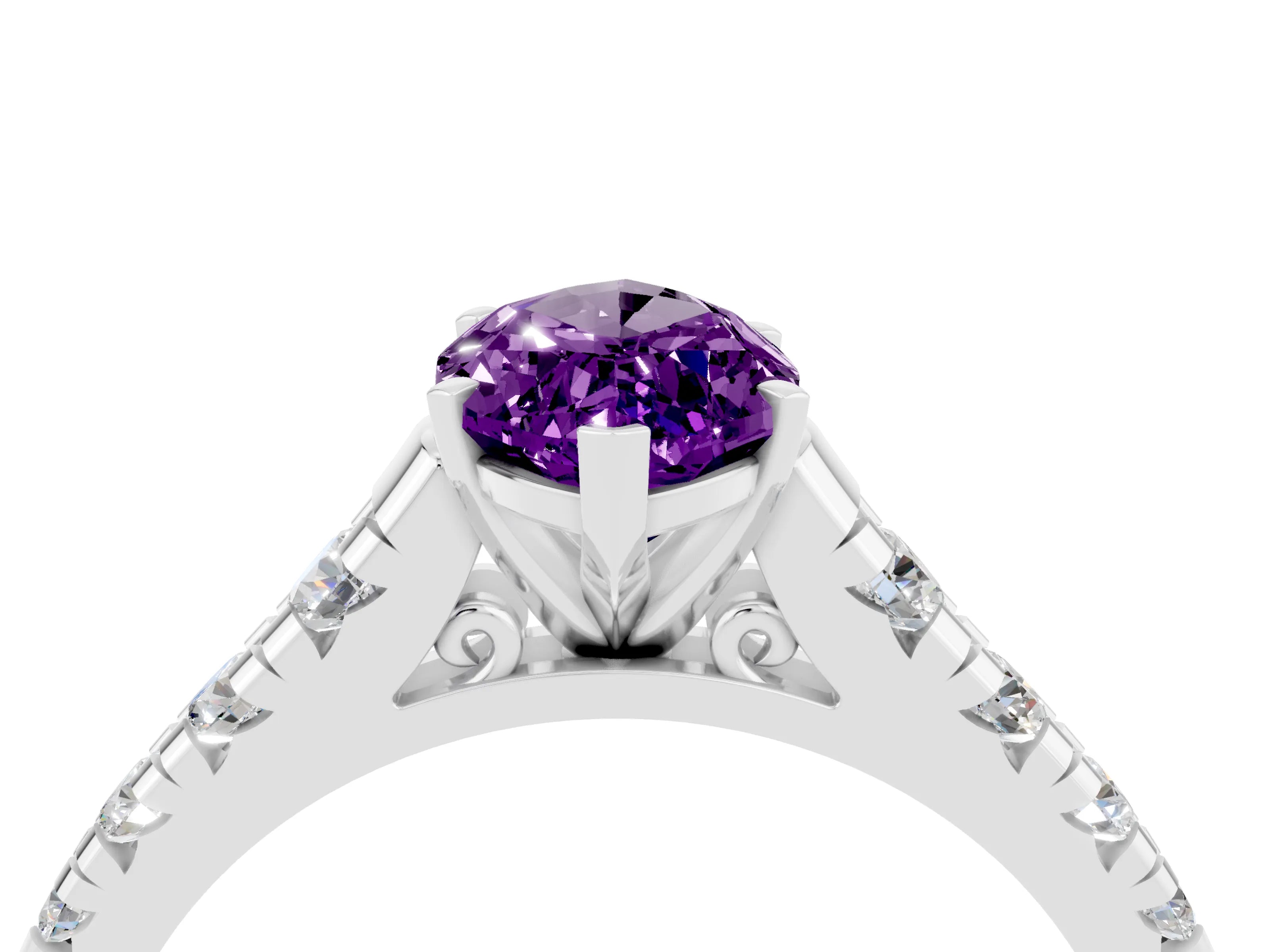White gold Fancy White Marquise Cut Amethyst Solitaire Ring with Cathedral Setting and Pavé Band_4