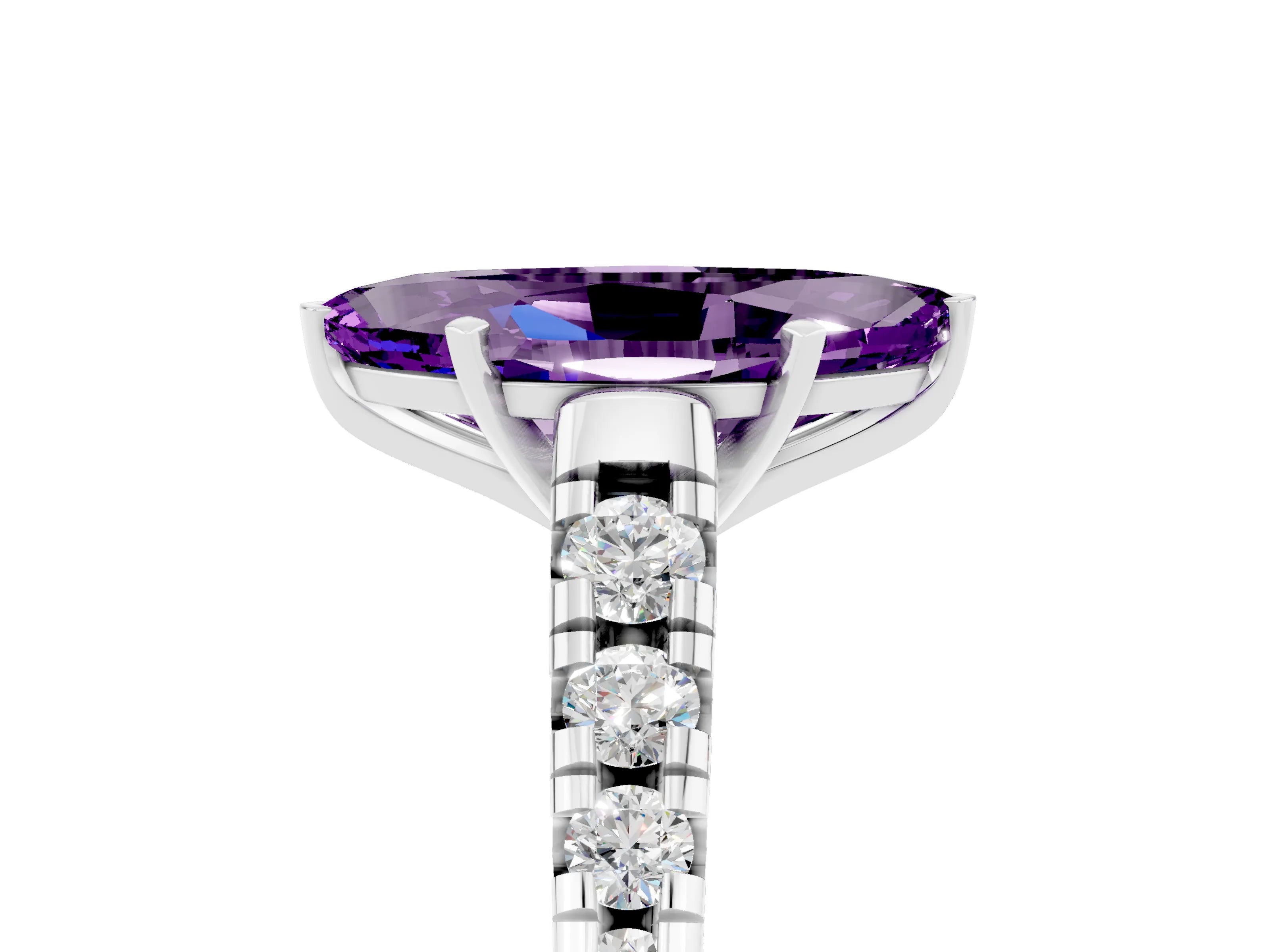 White gold Fancy White Marquise Cut Amethyst Solitaire Ring with Cathedral Setting and Pavé Band_5