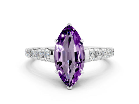 White gold Fancy White Marquise Cut Amethyst Solitaire Ring with Cathedral Setting and Pavé Band