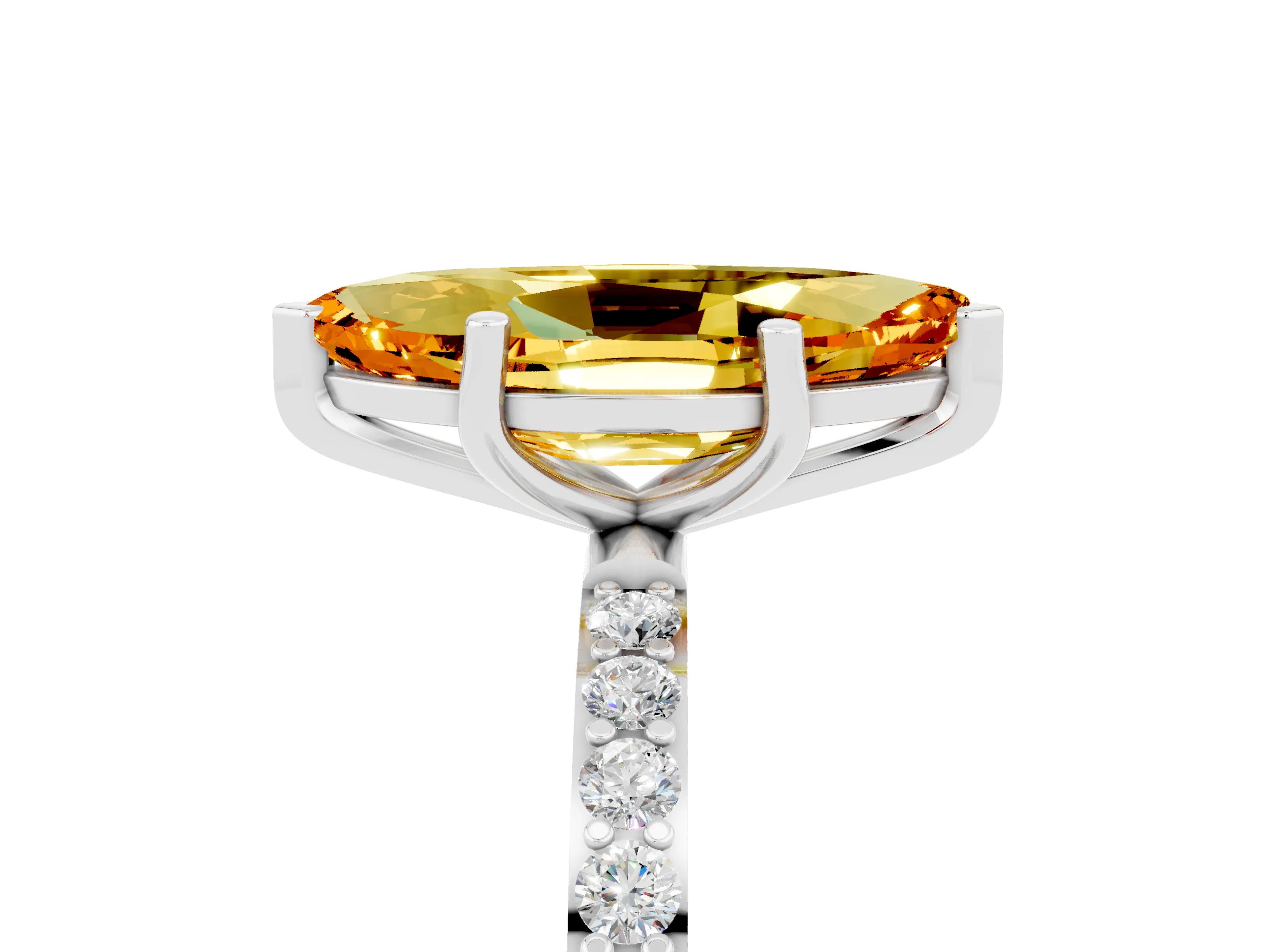 White gold Fancy White Marquise Cut Citrine Solitaire Ring with Pave Band and Four Prong Setting_5