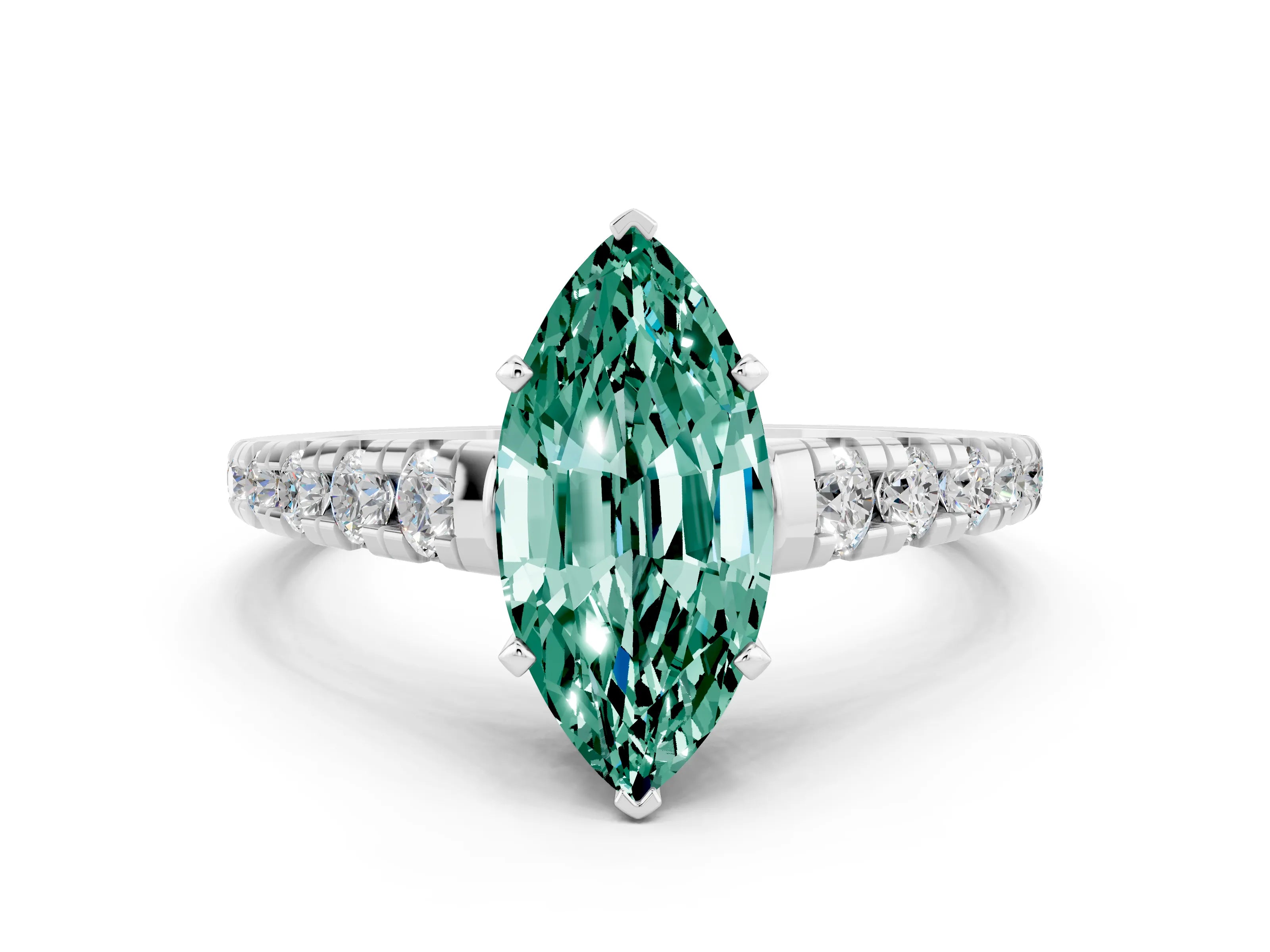 White gold Fancy White Marquise Cut Green Sapphire Solitaire Ring with Cathedral Setting and Pavé Band