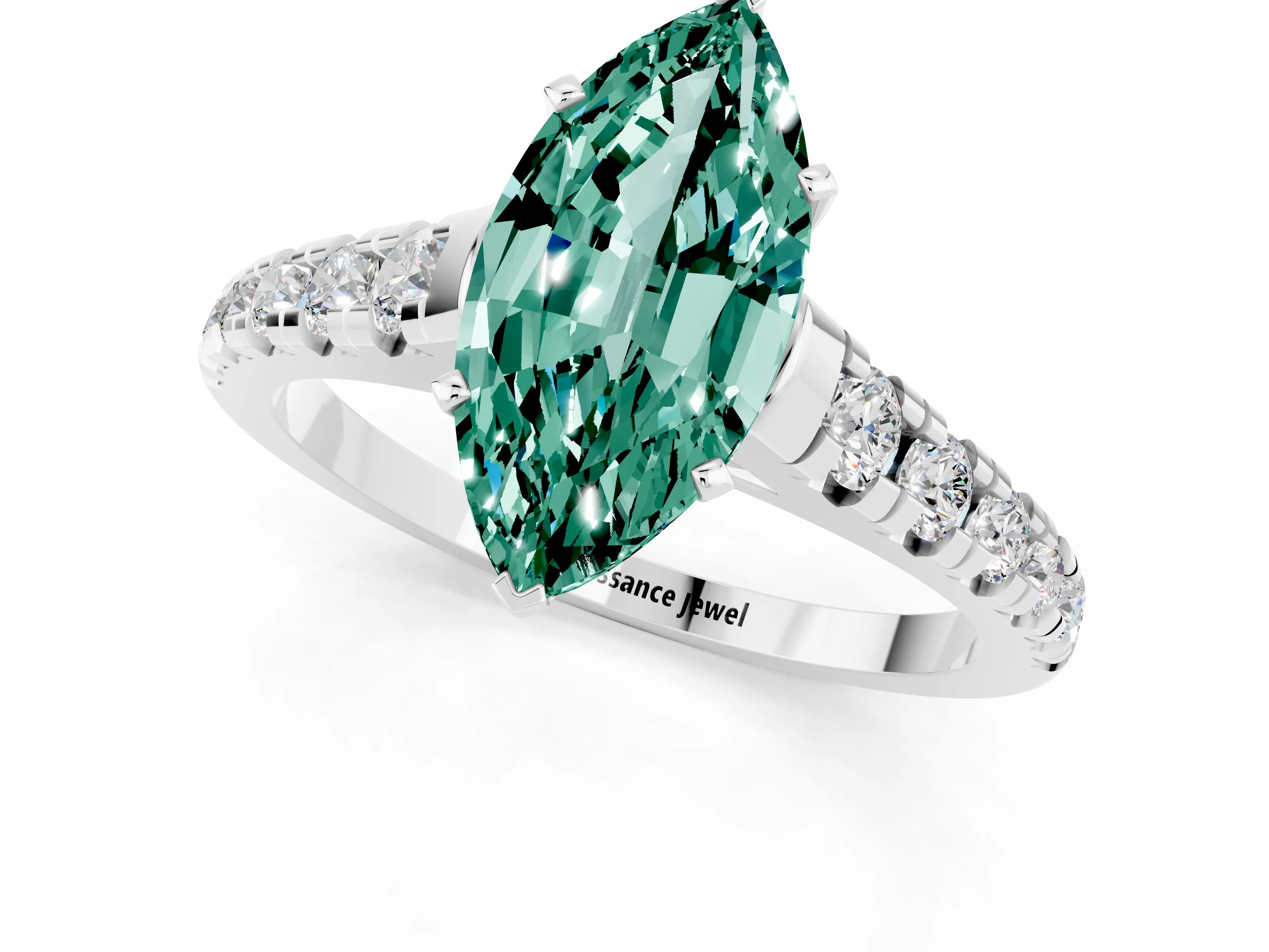 White gold Fancy White Marquise Cut Green Sapphire Solitaire Ring with Cathedral Setting and Pavé Band_1