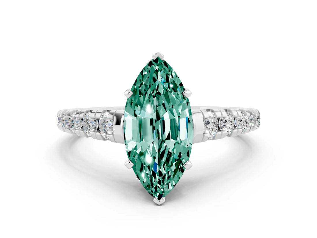 White gold Fancy White Marquise Cut Green Sapphire Solitaire Ring with Cathedral Setting and Pavé Band