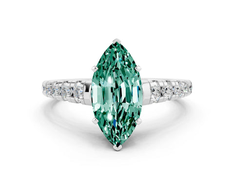 White gold Fancy White Marquise Cut Green Sapphire Solitaire Ring with Cathedral Setting and Pavé Band
