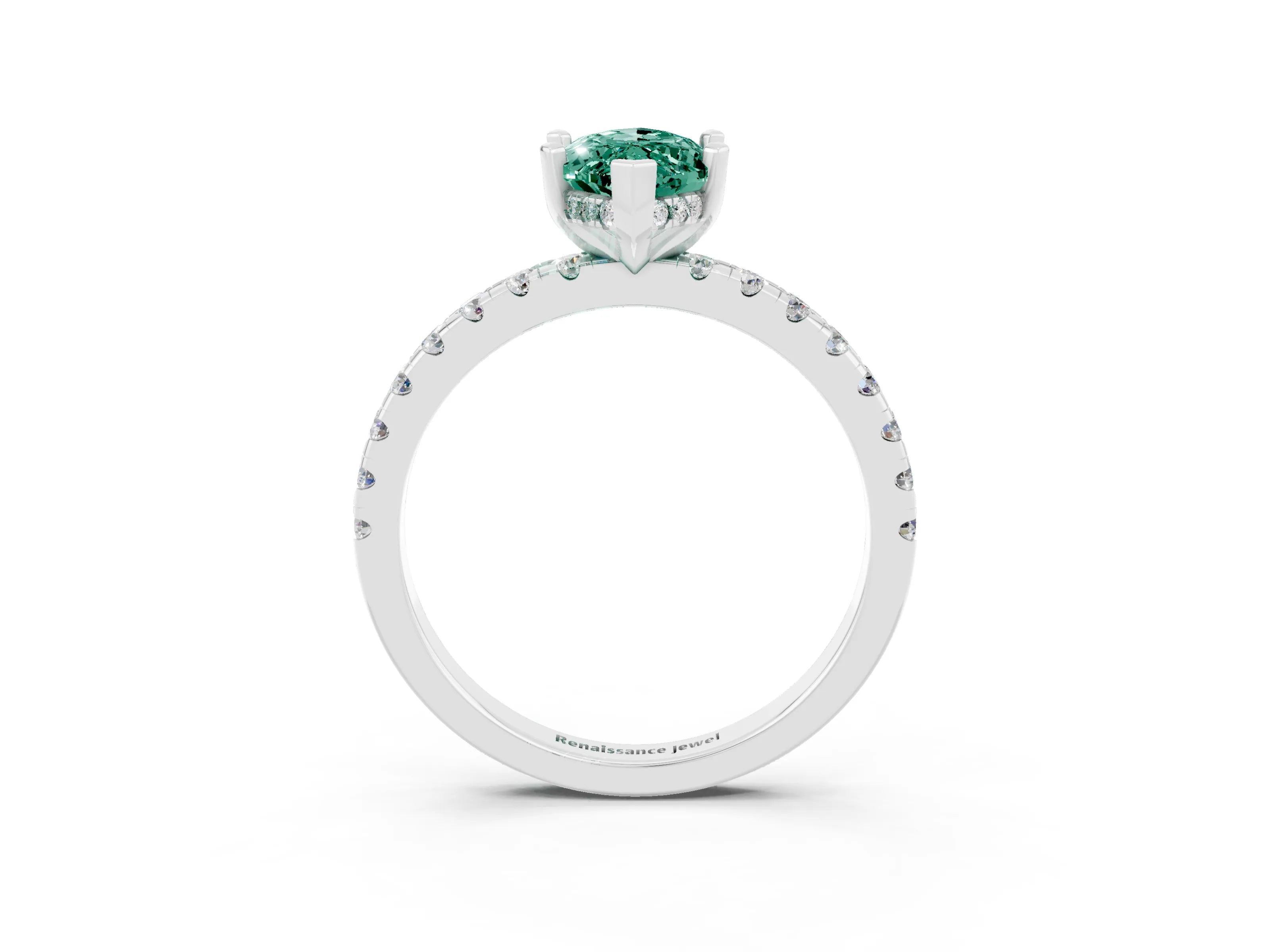 White gold Fancy White Marquise Cut Green Sapphire Solitaire Ring with Pavé Band and Four-Prong Setting_15
