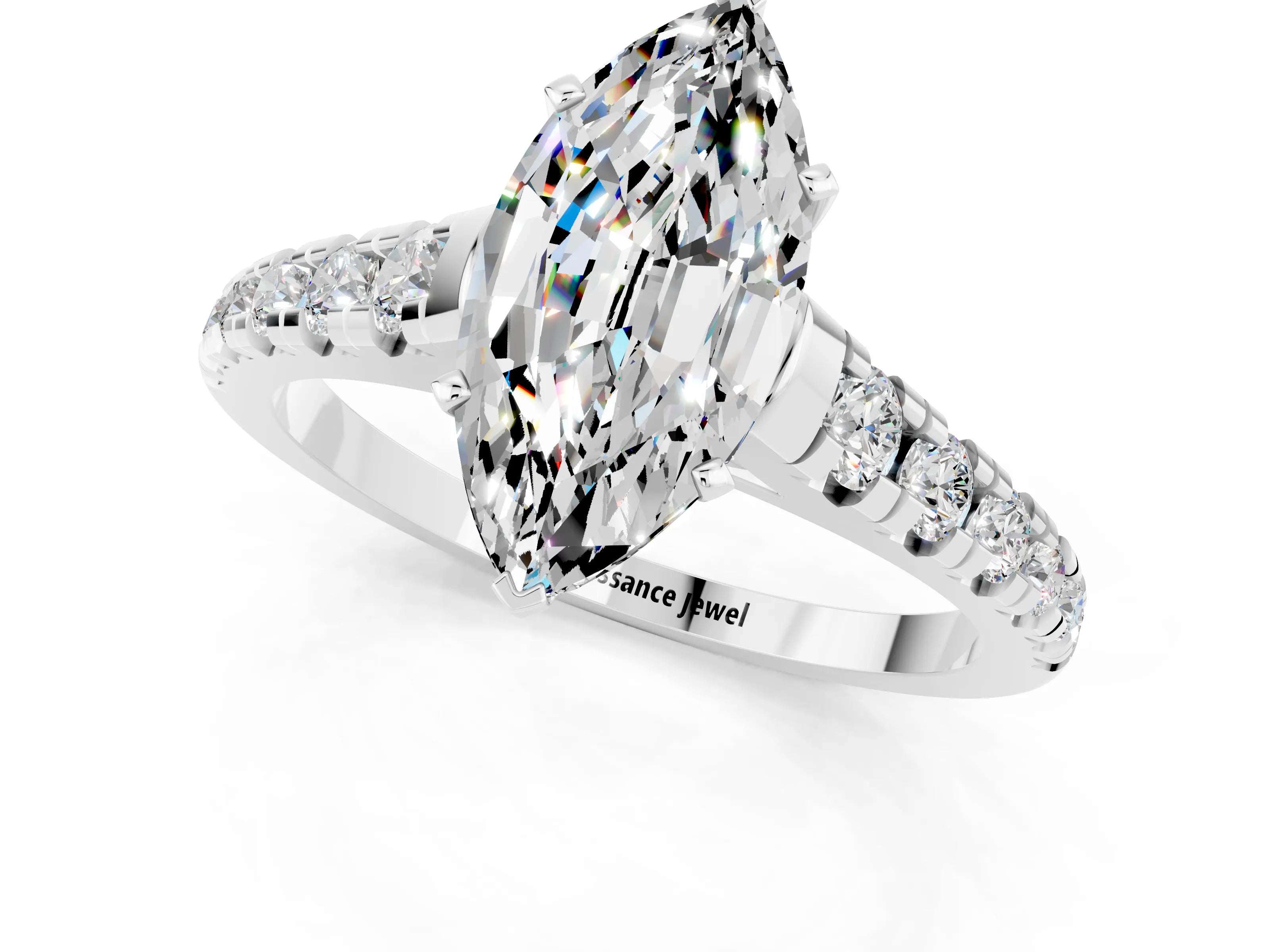 White gold Fancy White Marquise Cut Moissanite Solitaire Ring with Cathedral Setting and Pavé Band_1