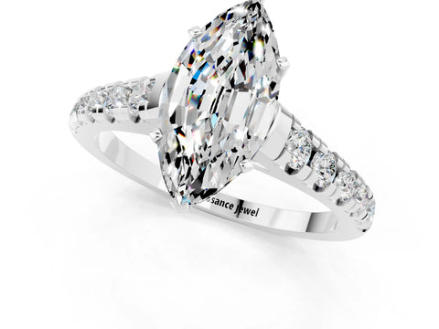 White gold Fancy White Marquise Cut Moissanite Solitaire Ring with Cathedral Setting and Pavé Band_1