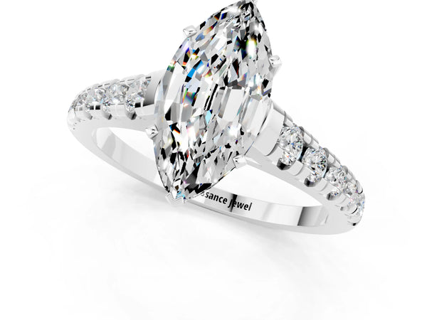 White gold Marquise Cut Moissanite Cathedral Solitaire Ring with Round  Pavé Band